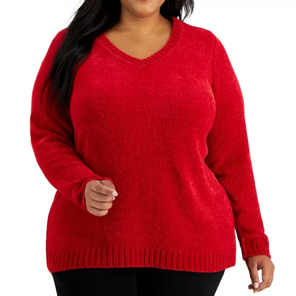 KAREN SCOTT Plus Size Chenille V-Neck Sweater, Haute Red